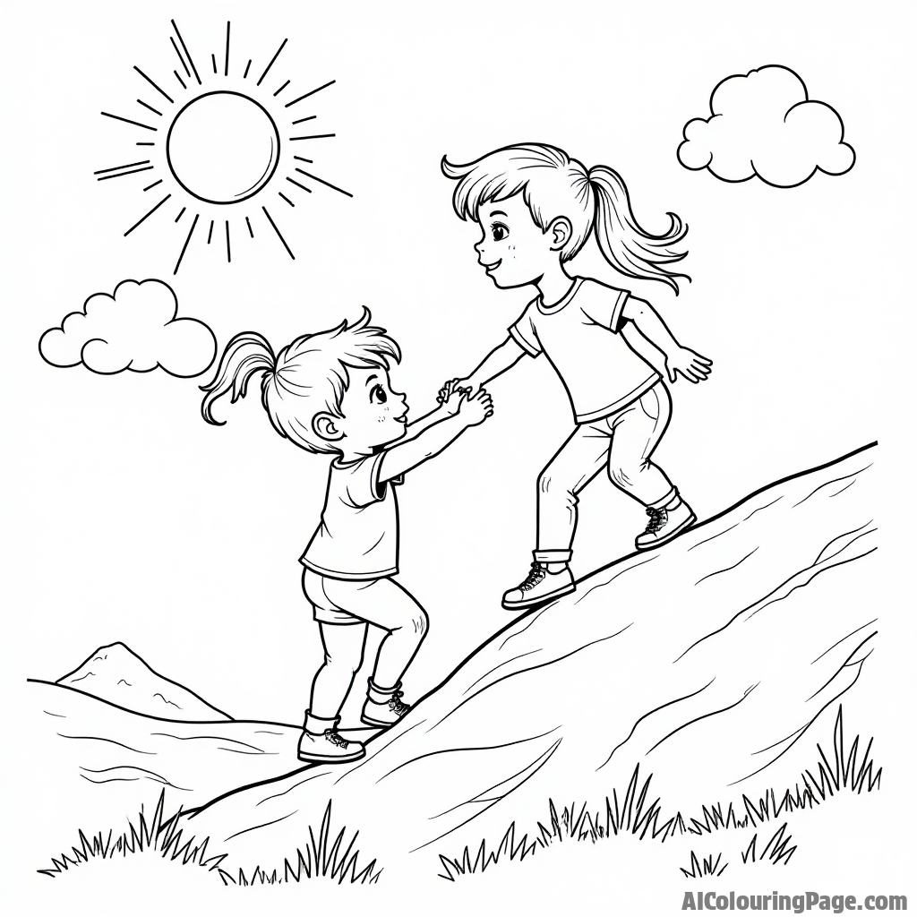 Two children climbing a rocky hill, one helping the other up, with a bright sun shining in the background and fluffy clouds floating above, perfect for a fun coloring experience.