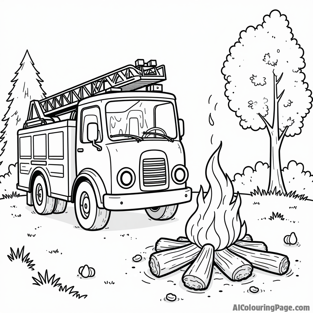 A fire truck splashing water on a small campfire while children roast marshmallows nearby, creating an imaginative scene for kids to color.