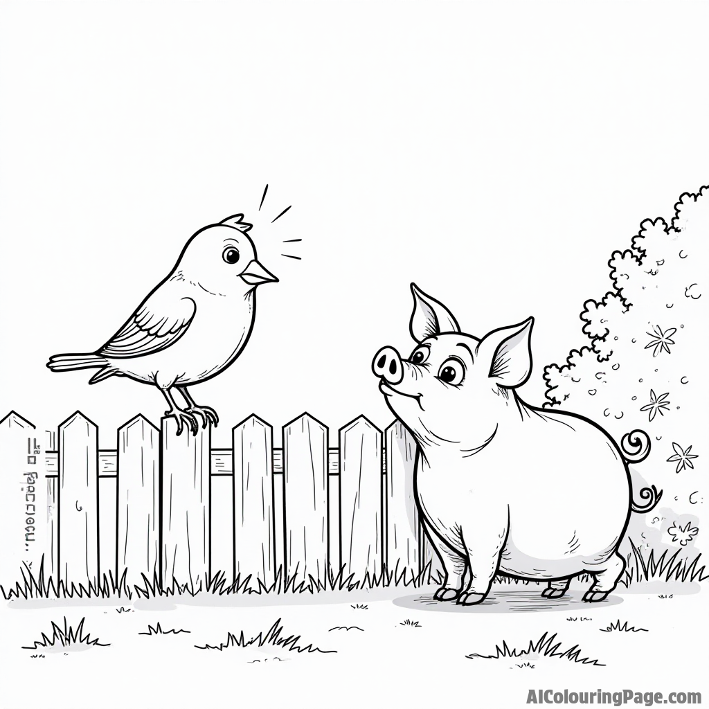 A bird sitting on a fence with a surprised expression as a pig unexpectedly pops out of a nearby bush