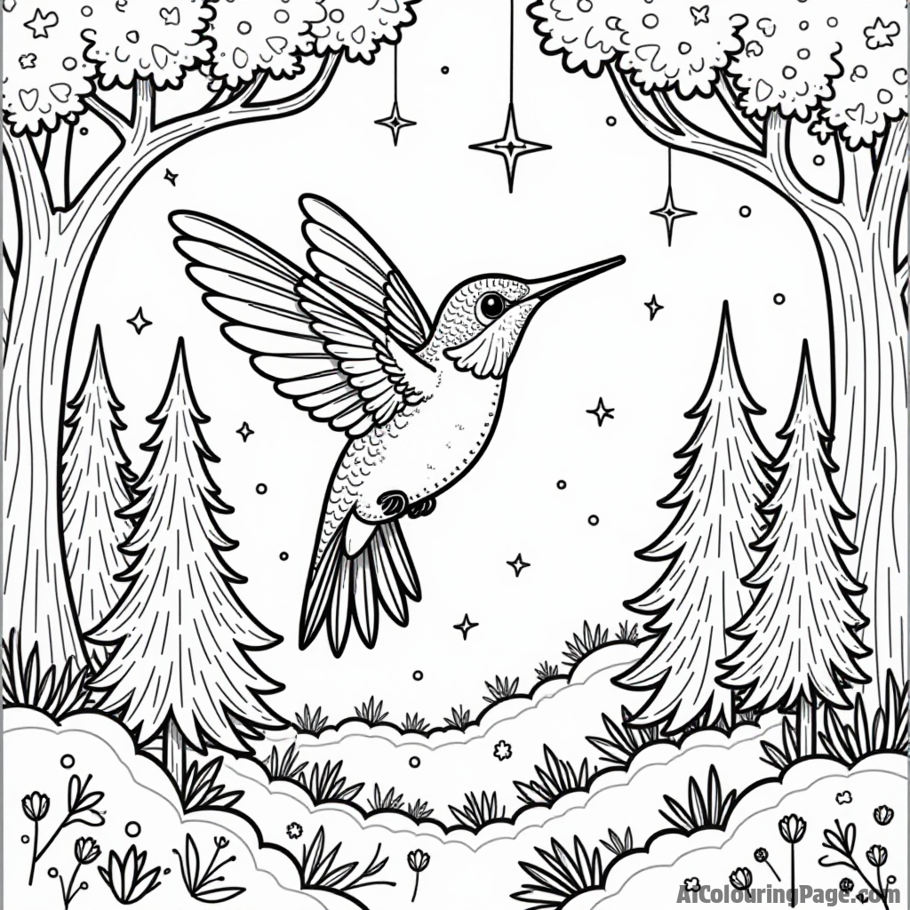 A hummingbird flying through a magical forest with whimsical trees and sparkling stars in the background.