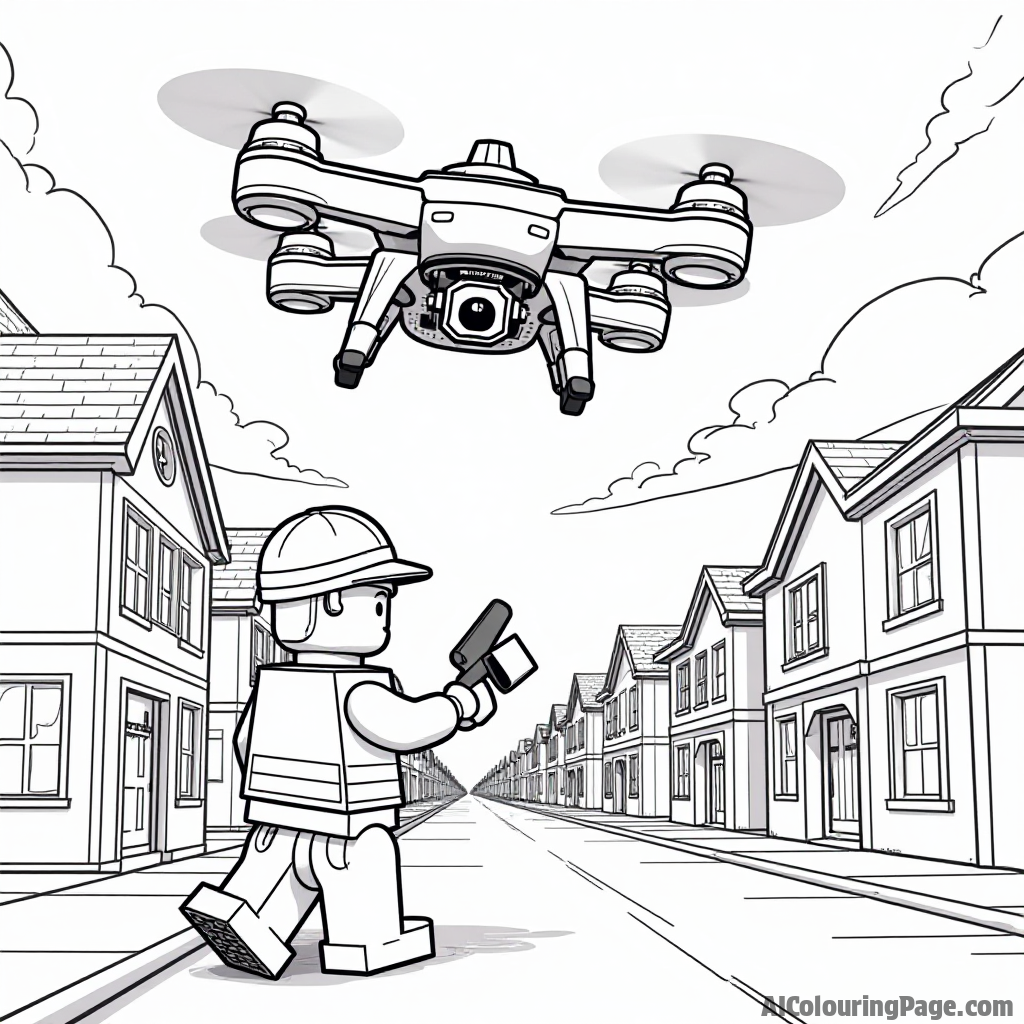 A Lego police drone flying high above a Lego neighborhood, with an officer controlling it, encouraging kids to color a tech-savvy police adventure.