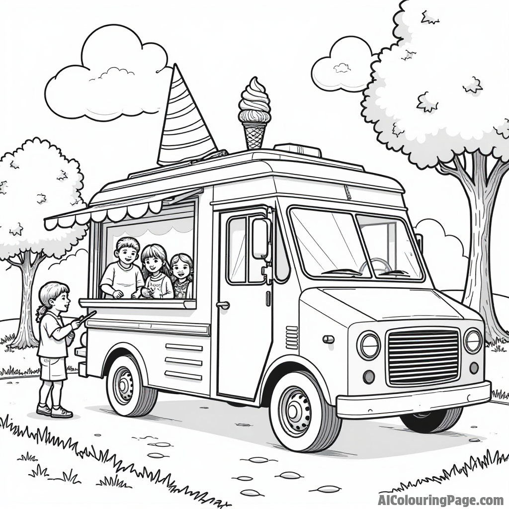 A chocolate ice cream truck parked in a park with kids queuing excitedly for delicious ice cream cones.