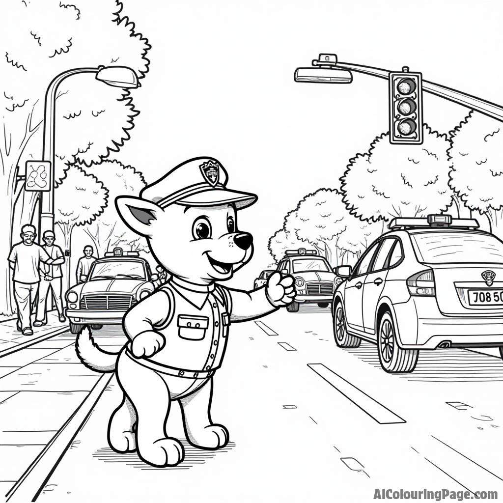 A police puppy directing traffic at a busy intersection, with cars and pedestrians waiting patiently for the signal to change.