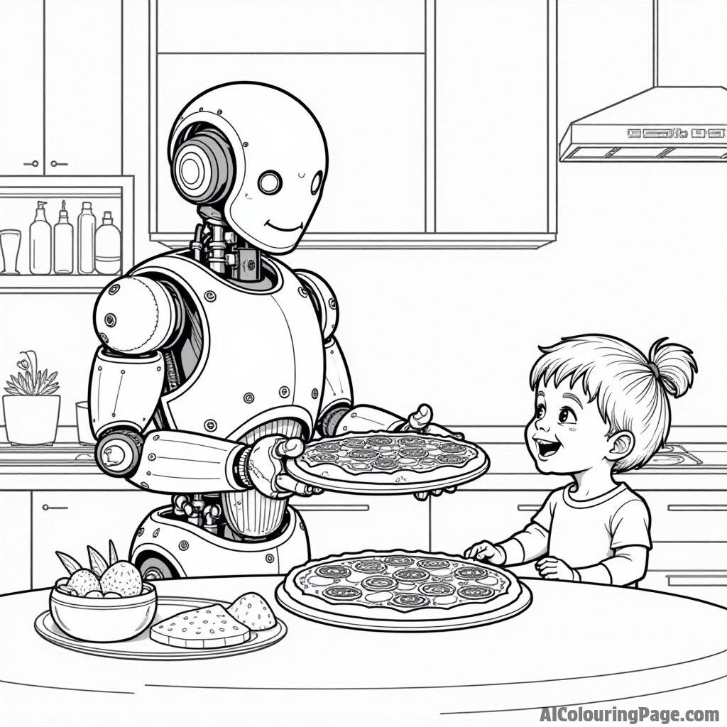 A pizza-making robot in a kitchen, assembling a pizza with fresh ingredients, and a happy child watching curiously.