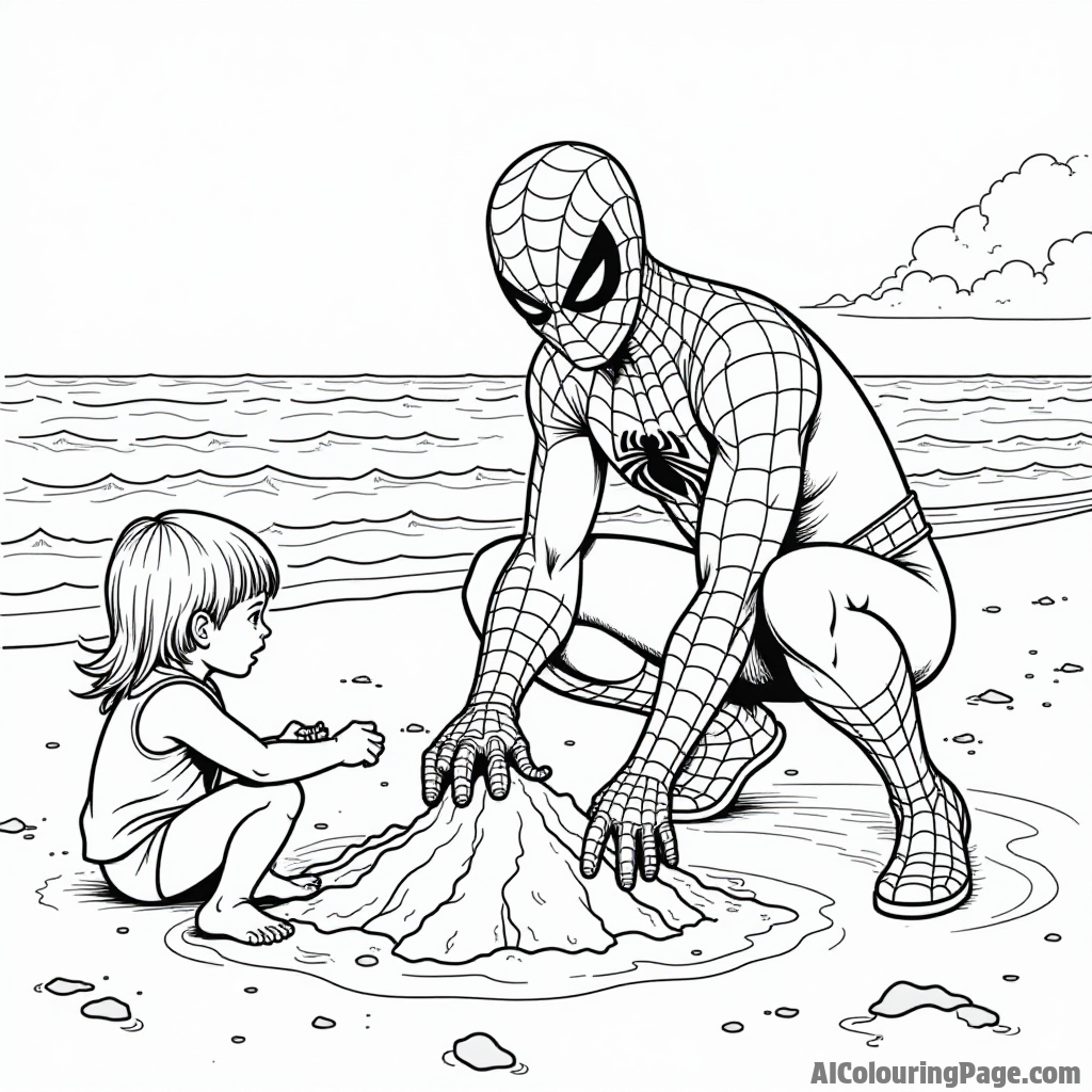 Spiderman enjoying a day at the beach, building sandcastles with children, waves crashing in the background