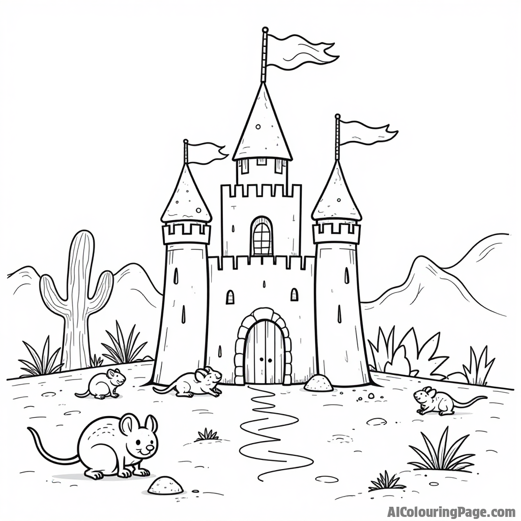 A whimsical desert scene featuring a giant sandcastle with flags, surrounded by playful desert critters like mice and lizards, encouraging creativity and imagination in a fun coloring adventure.