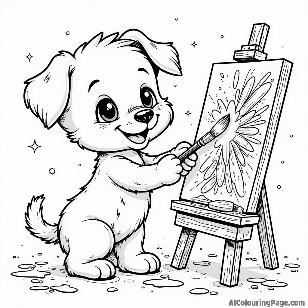 A puppy painter holding a brush and palette, creating a colorful masterpiece on an easel, surrounded by paint splashes everywhere.