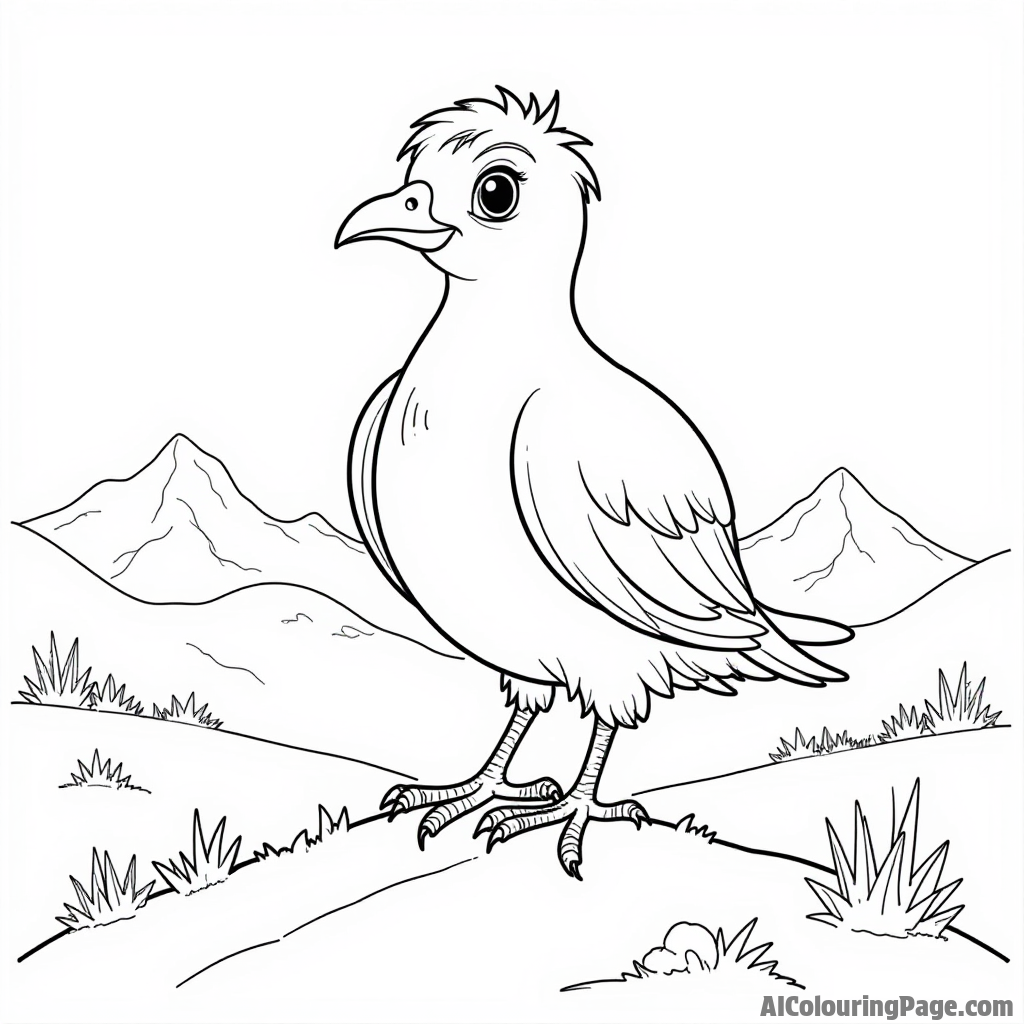 A bird with a determined expression standing on a hilltop with mountains in the distance and a clear blue sky