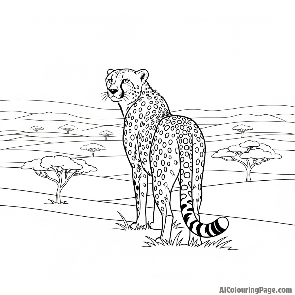 A perspective from directly behind a cheetah, looking over its shoulder at the open plains ahead.