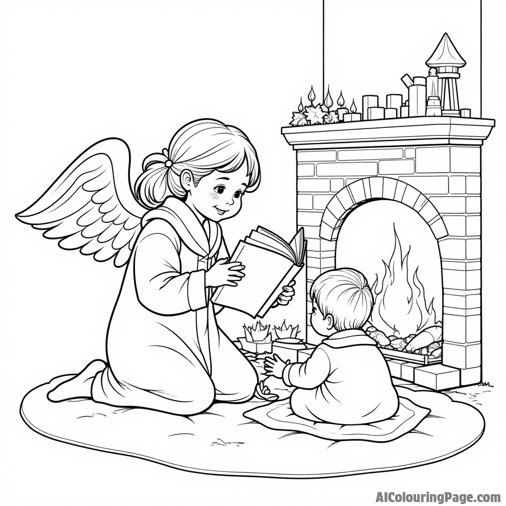 An angel enjoying a cozy fireplace scene with kids reading stories and cuddling under warm blankets.