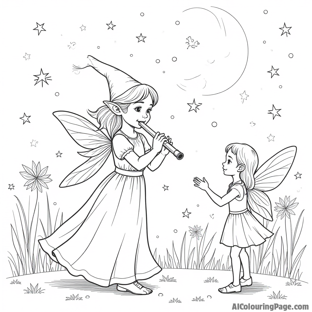 An elf playing a flute while surrounded by dancing fairies, with sparkling stars in the night sky, offering a magical musical scene perfect for children to color and enjoy.