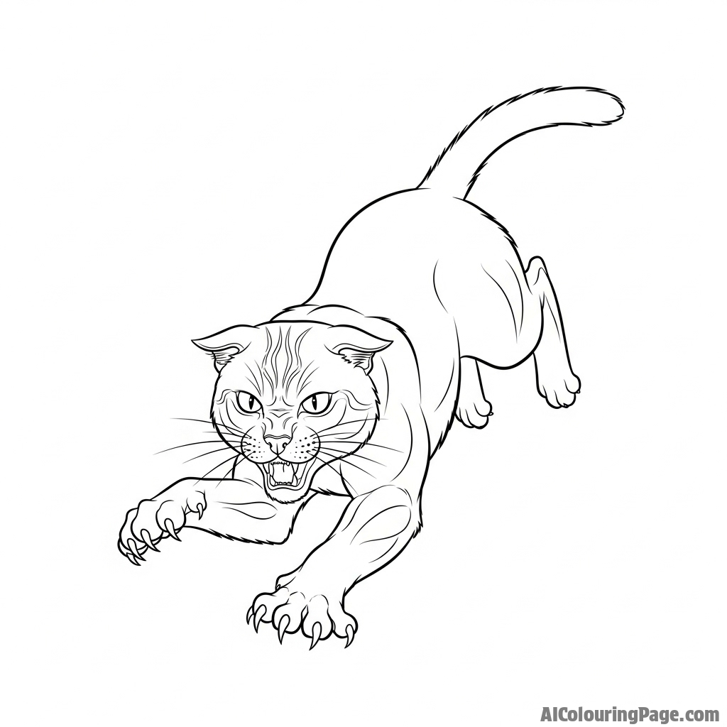 A fierce cat in mid-pounce, muscles tensed, claws extended.