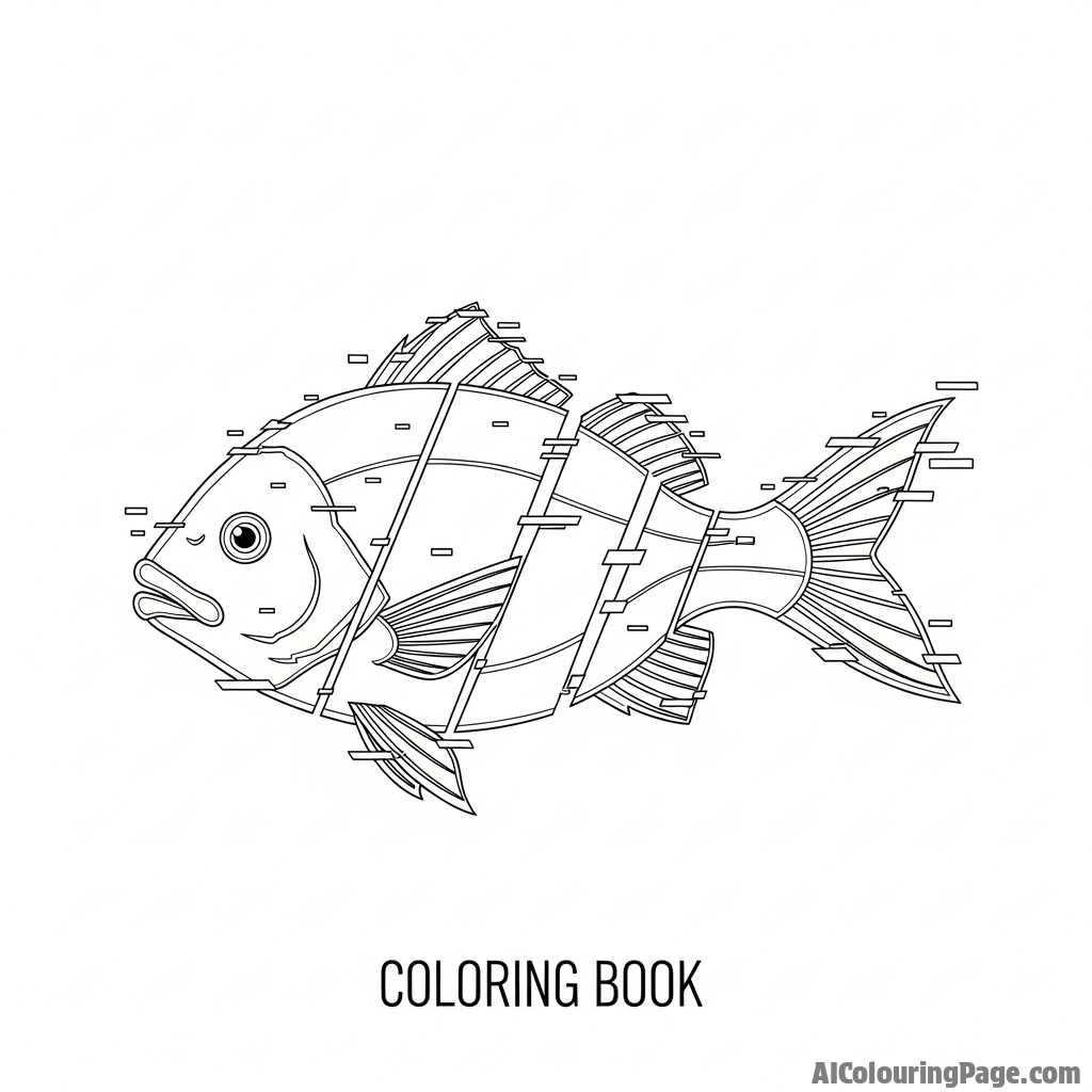 A digital glitch art portrait of a fish, fragmented and distorted.