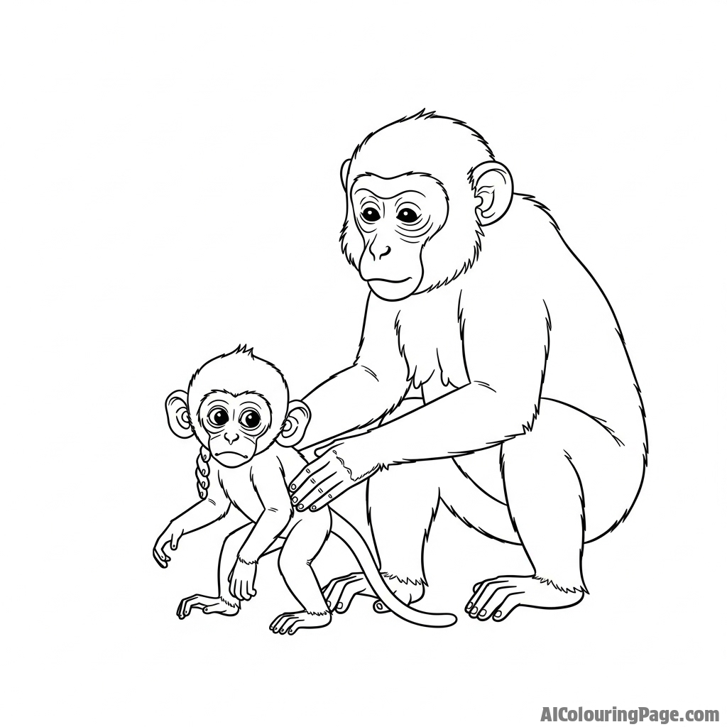 A baby monkey taking its first tentative steps away from its protective mother.