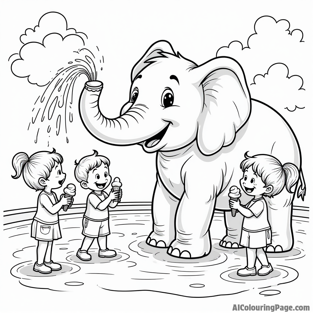 A playful elephant spraying water on kids enjoying ice cream at a fun water park