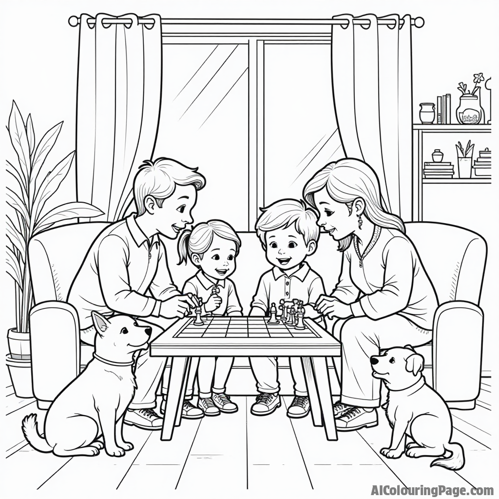 A cozy living room scene with a family gathered around a chess game, featuring cheerful pets watching curiously, perfect for children to color their own heartwarming family moment.