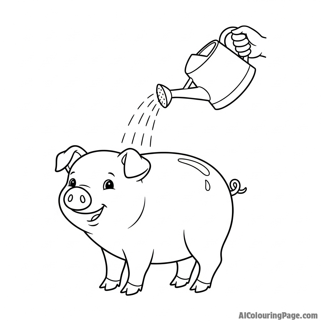 A pig enjoying a gentle shower from a watering can on a warm day.