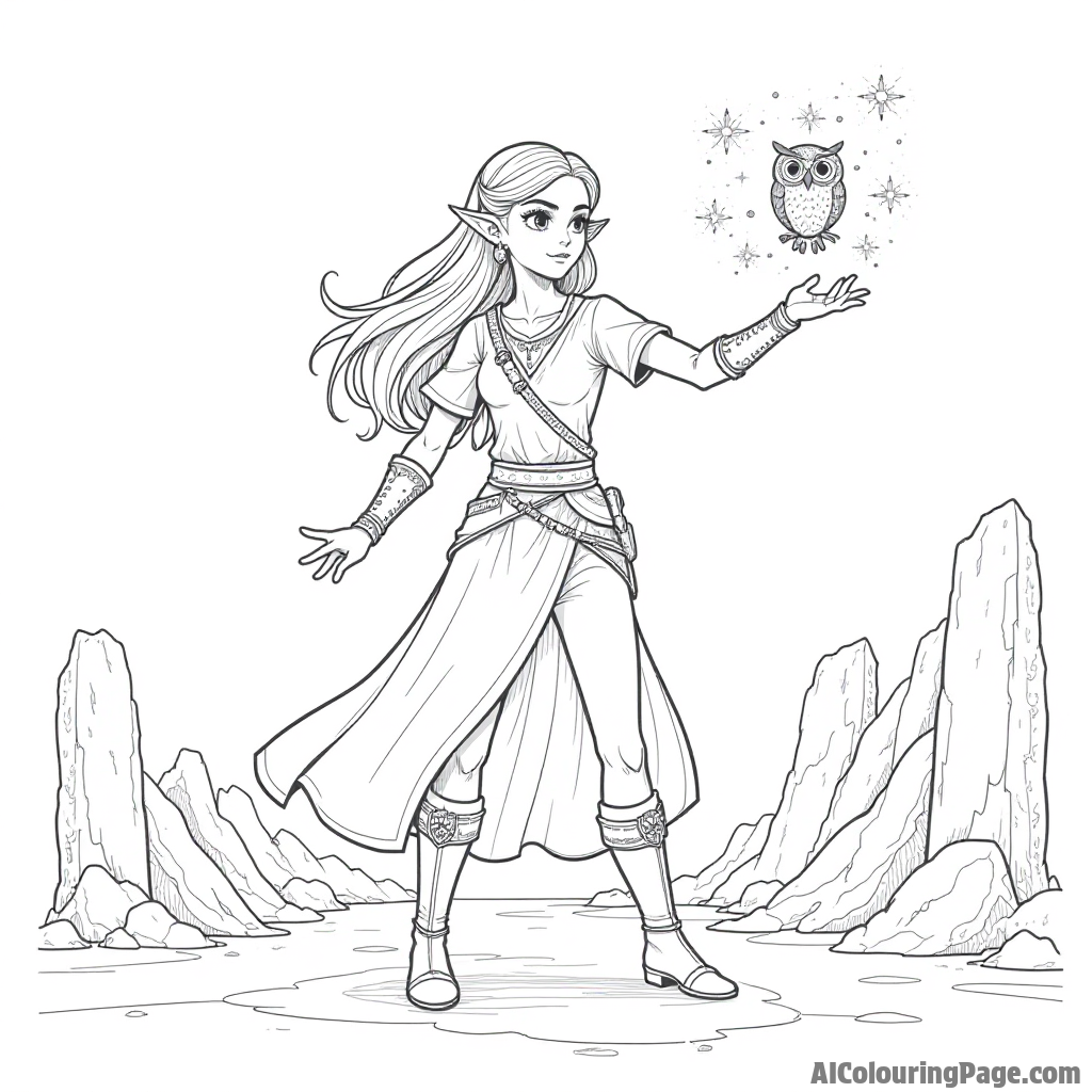 Zelda casting a powerful spell with sparkling magic swirling around her, surrounded by ancient ruins and a wise old owl