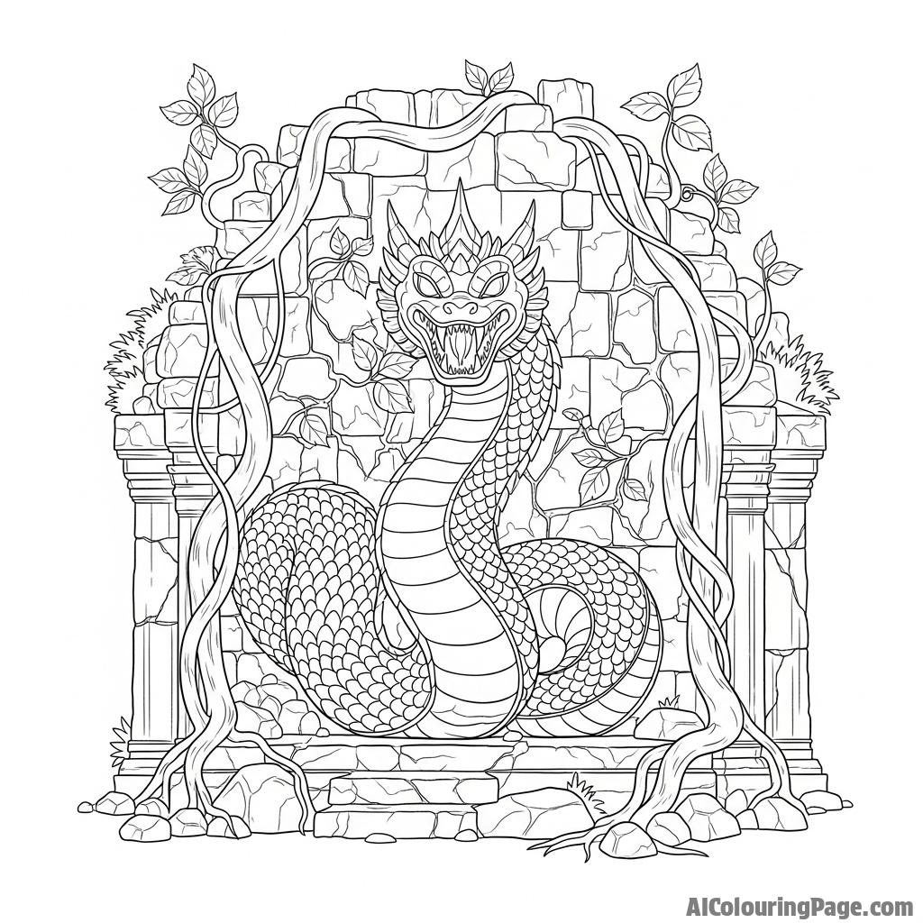 A giant serpent god carved into the weathered stone wall of an ancient, vine-covered temple.