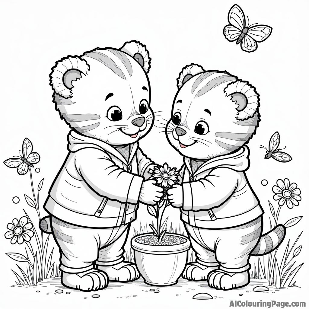 Daniel Tiger helping his friend O the Owl plant flowers in a garden surrounded by butterflies and buzzing bees.