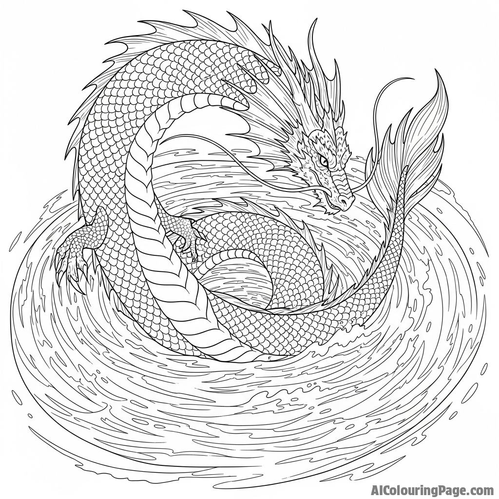 A sea dragon creating a maelstrom by swimming in a powerful circle.