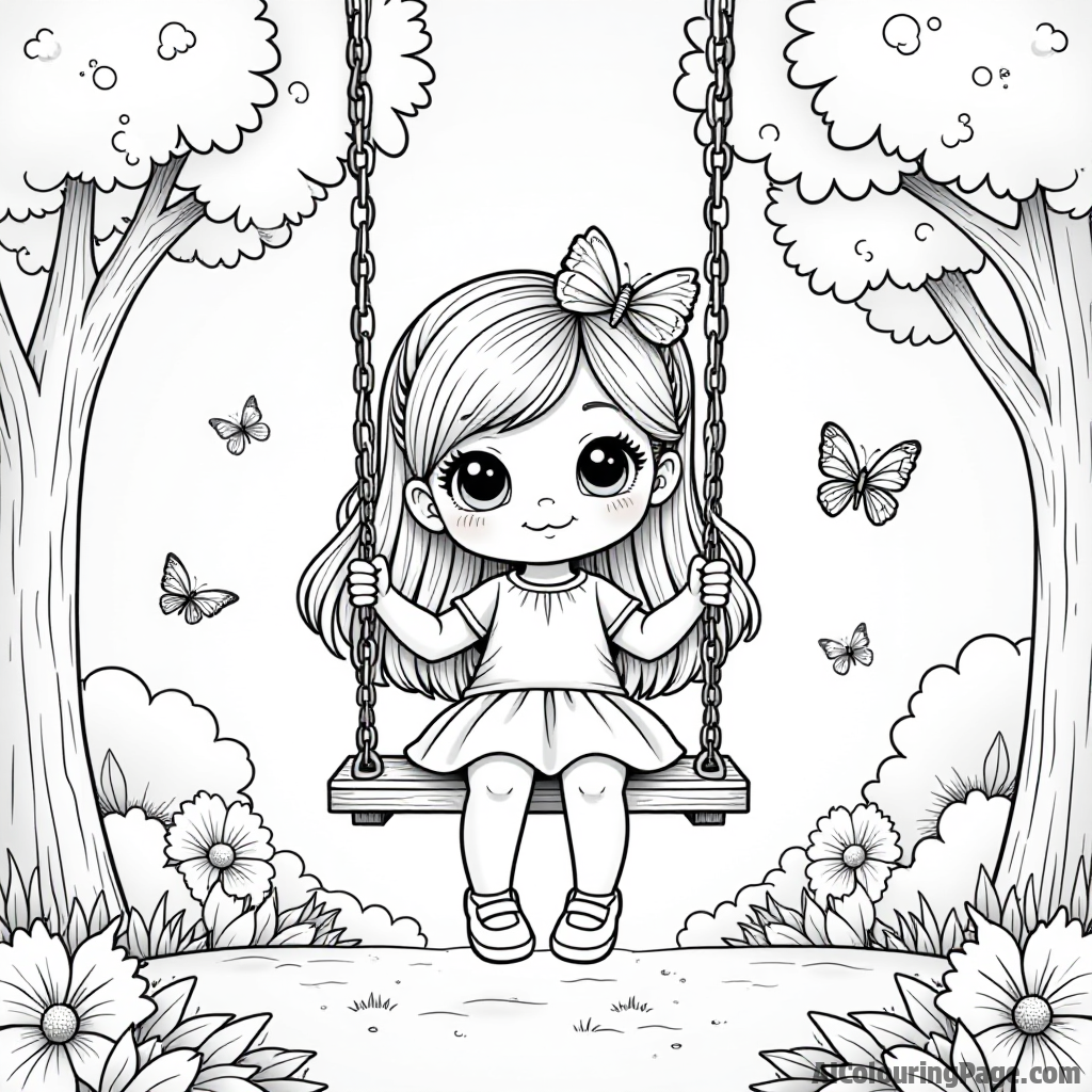 A cute doll sitting on a swing in a sunny park, with trees and butterflies flying around, perfect for kids to color and enjoy.