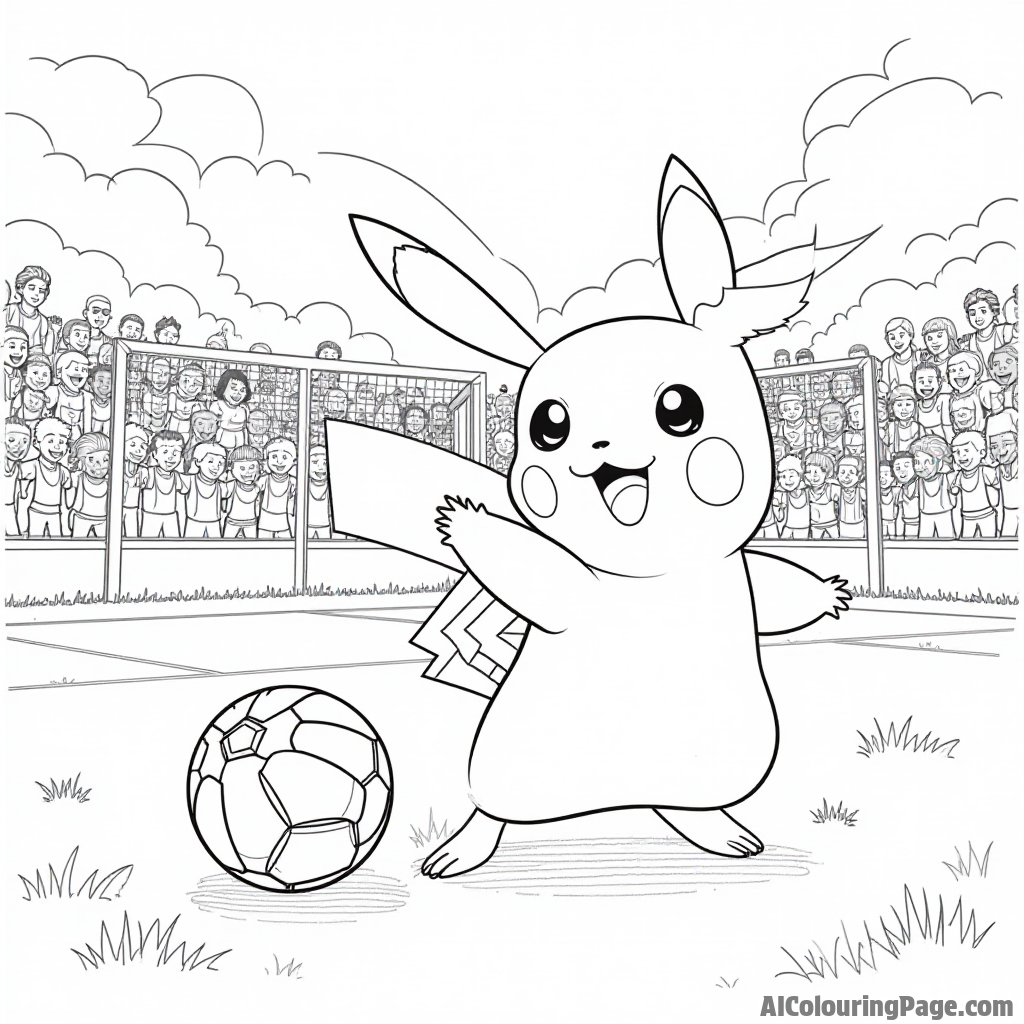 Pikachu playing soccer with friends on a grassy field surrounded by cheering fans