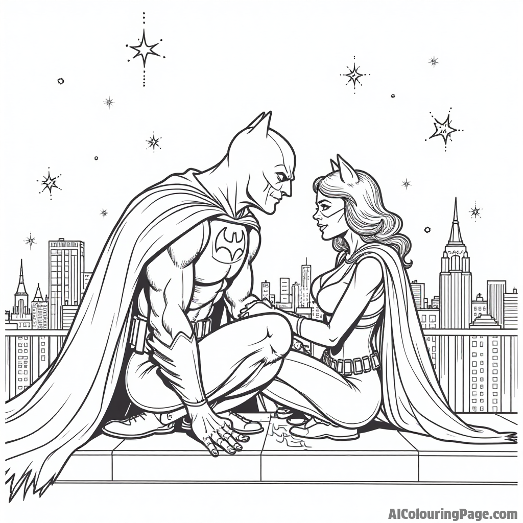 Batman and Catwoman sharing a playful moment on a rooftop with a city skyline and stars twinkling above.