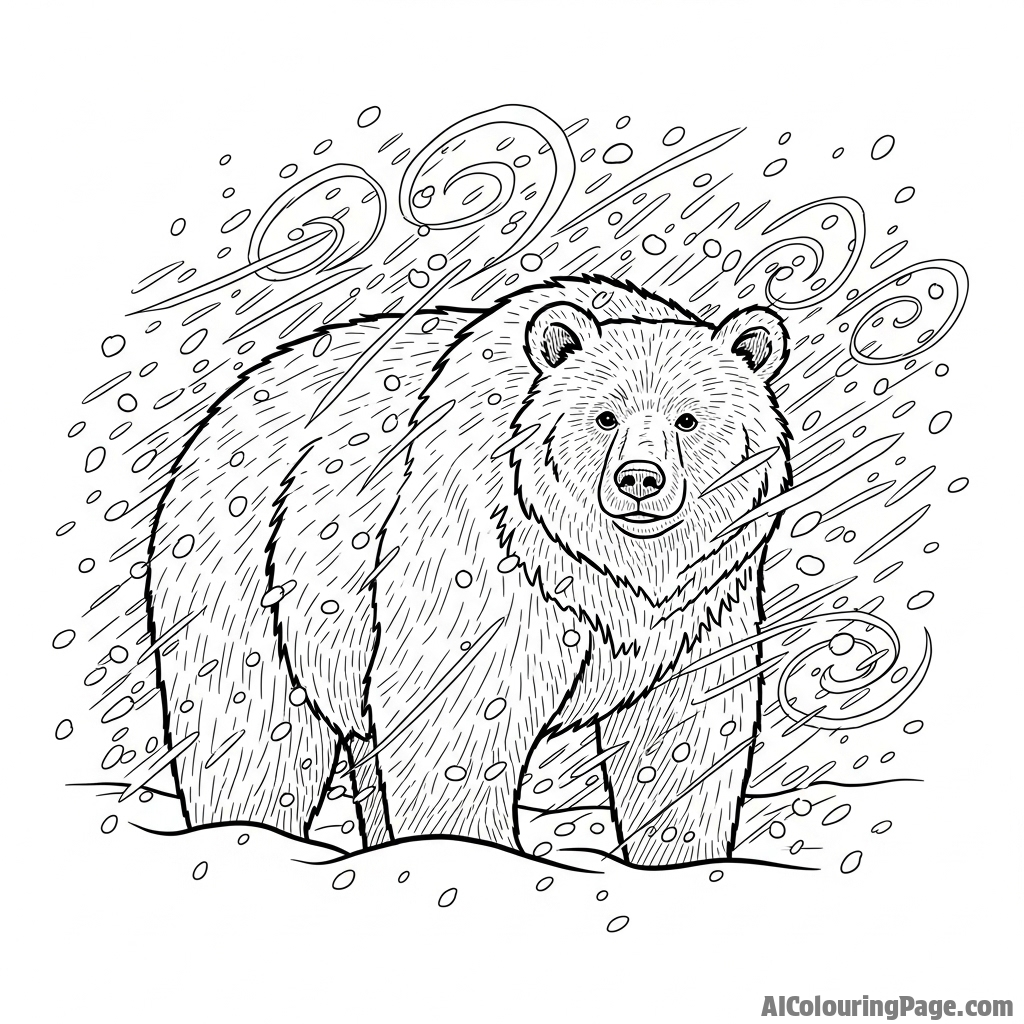 An impressionistic painting of a bear in a snowy blizzard.