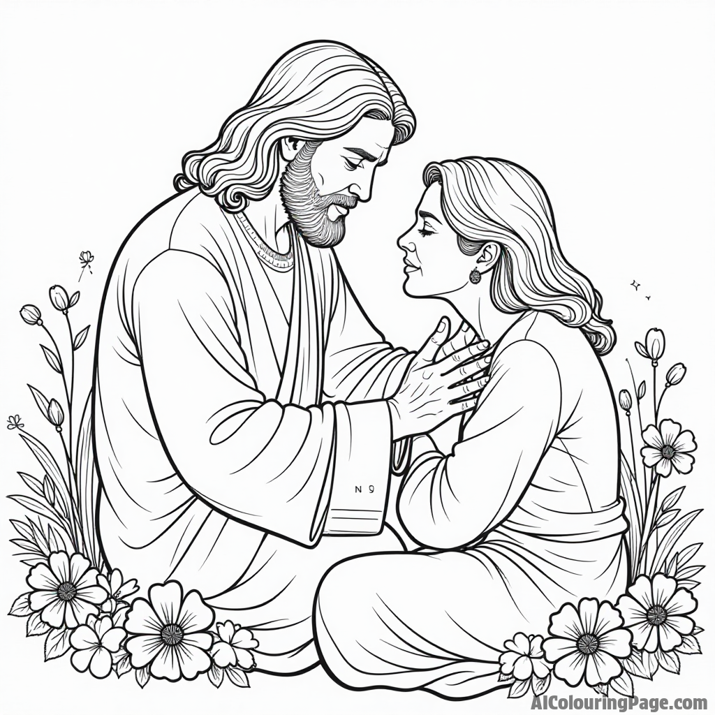 Jesus comforting a grieving person, gentle hand on their shoulder, peaceful surroundings with blooming flowers