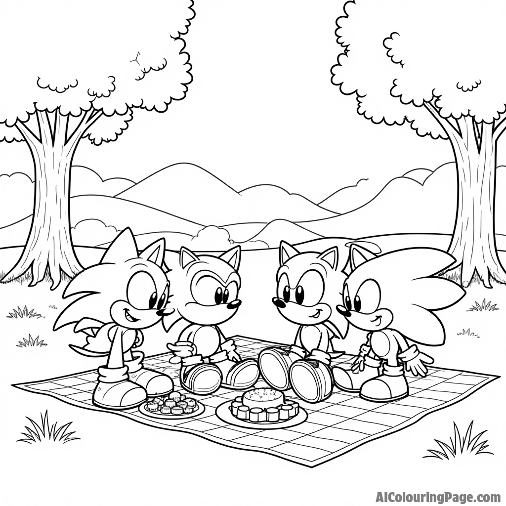 Sonic and friends enjoying a picnic in a park, with a checkered blanket spread out and delicious treats laid out.