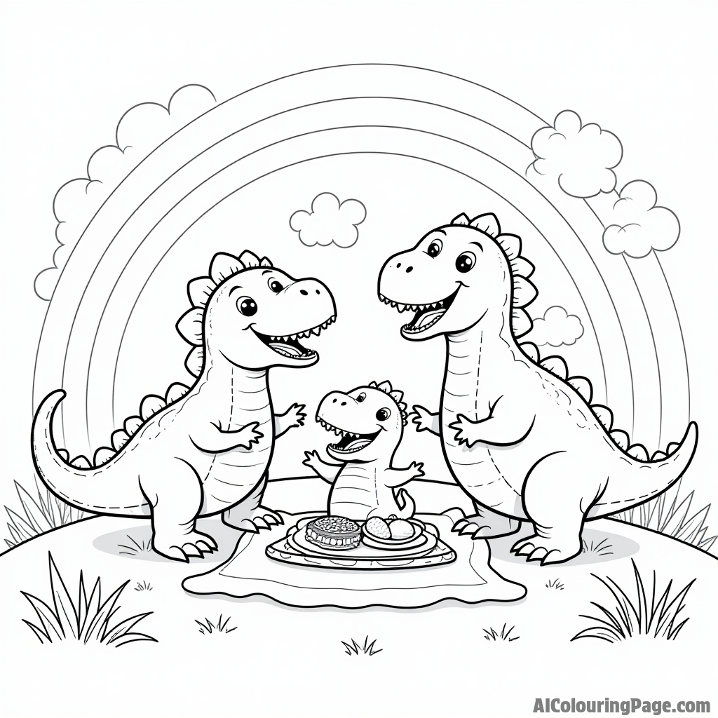 A cheerful dinosaur family enjoying a picnic on a grassy hill with a rainbow and fluffy clouds above.