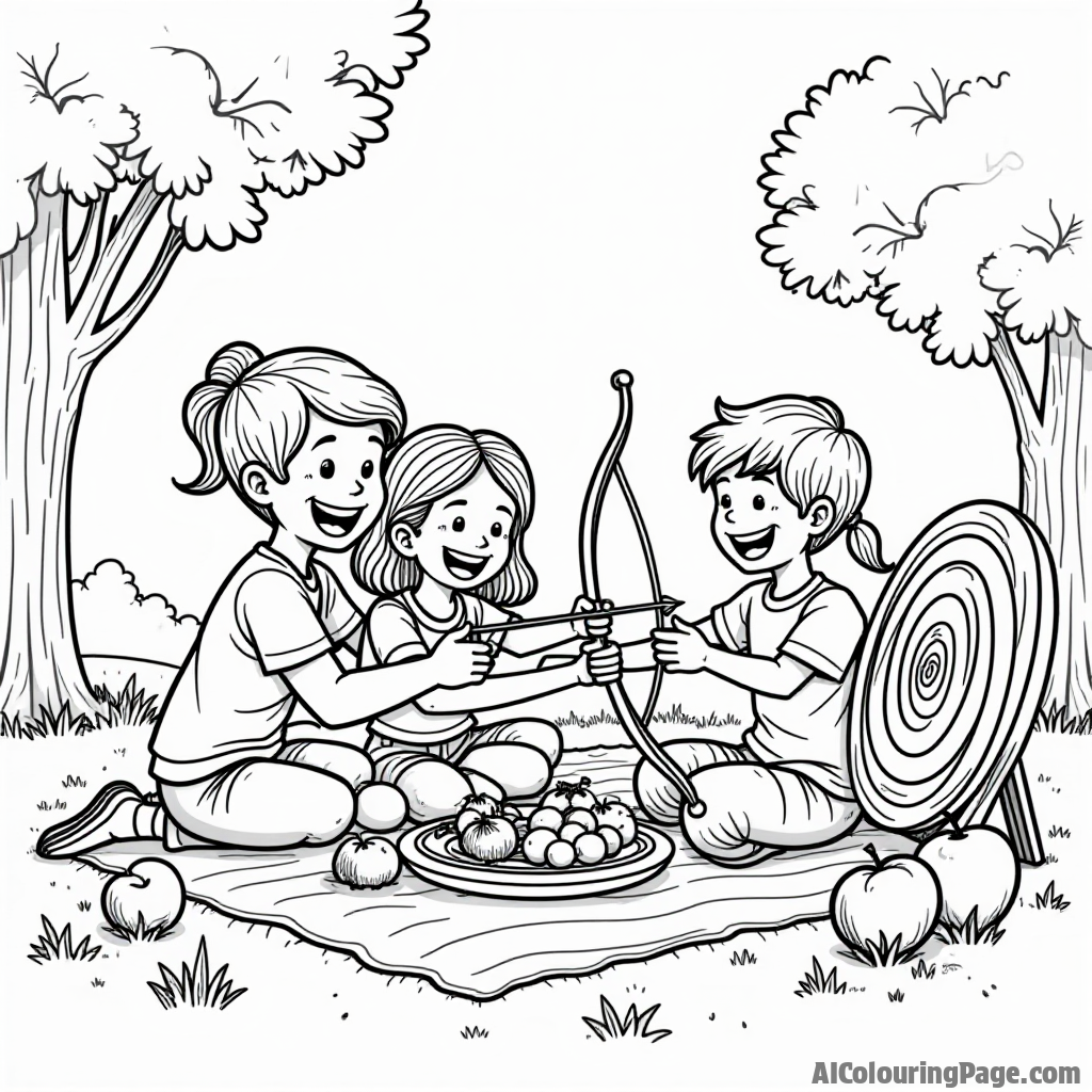 A cheerful family having a picnic while practicing archery, with colorful fruits and a target set up nearby, blending family bonding and outdoor sports in a delightful scene.