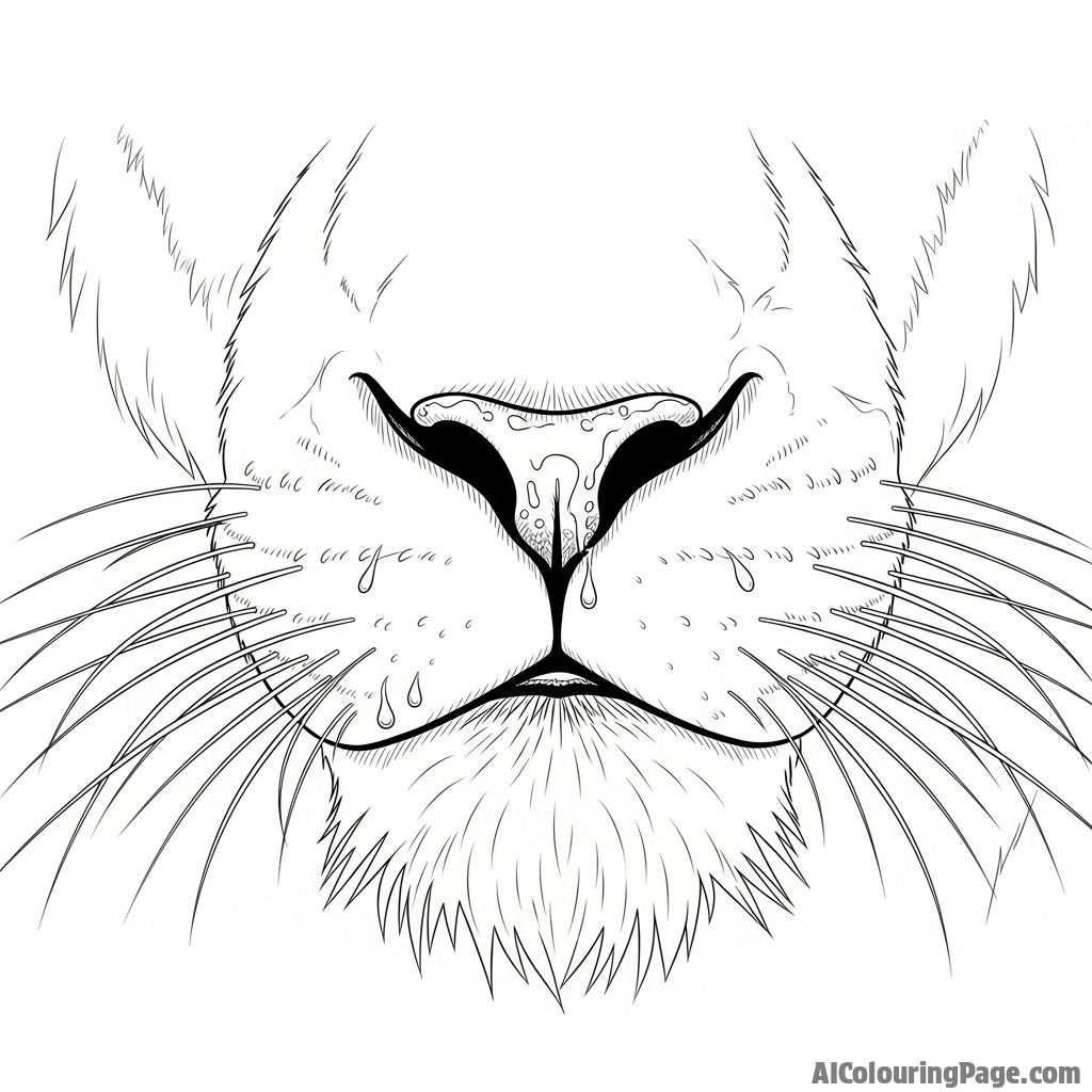 A close-up of a lion's wet nose and whiskers after drinking from a puddle.