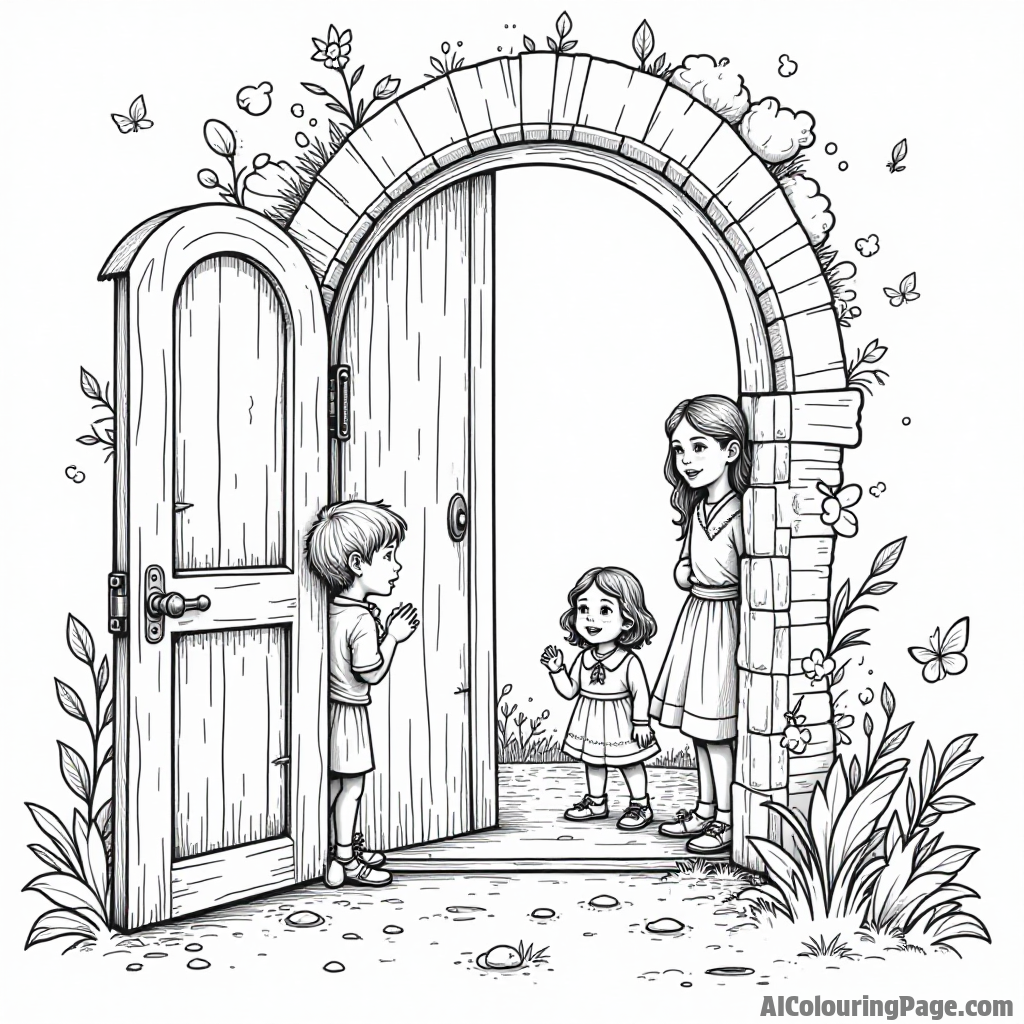 A magical door that opens to a hidden world, with curious children peeking through and enchanted creatures inside