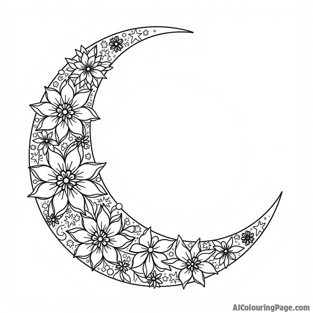 A beautiful crescent moon adorned with floral patterns, surrounded by twinkling stars, representing hope and blessings during the holy month of Ramadan. Festivals and Traditions Coloring Sheets.