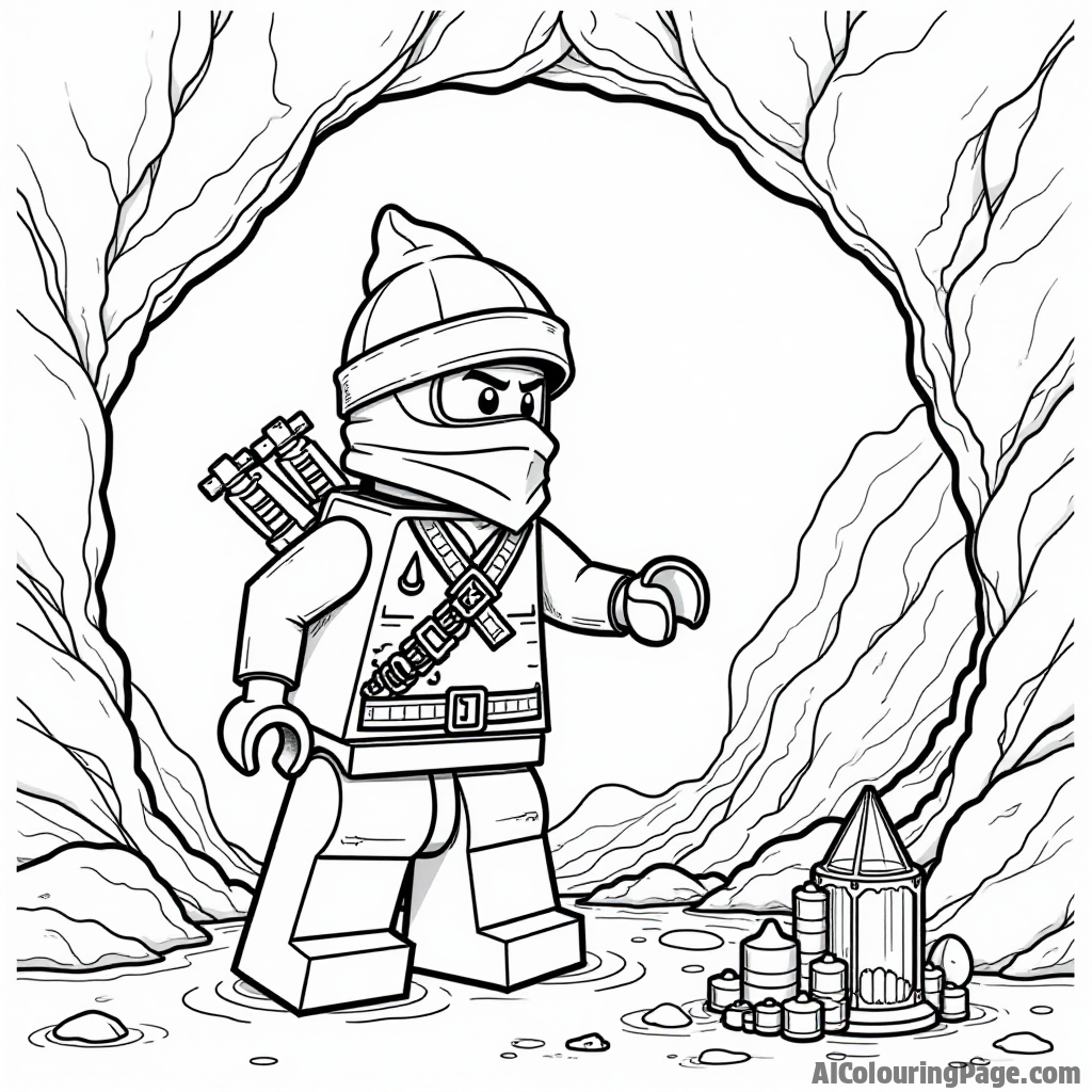 A Lego Ninjago character exploring an ancient cave, with hidden treasures and glowing crystals, promoting adventure and curiosity for a captivating black and white coloring page for children.