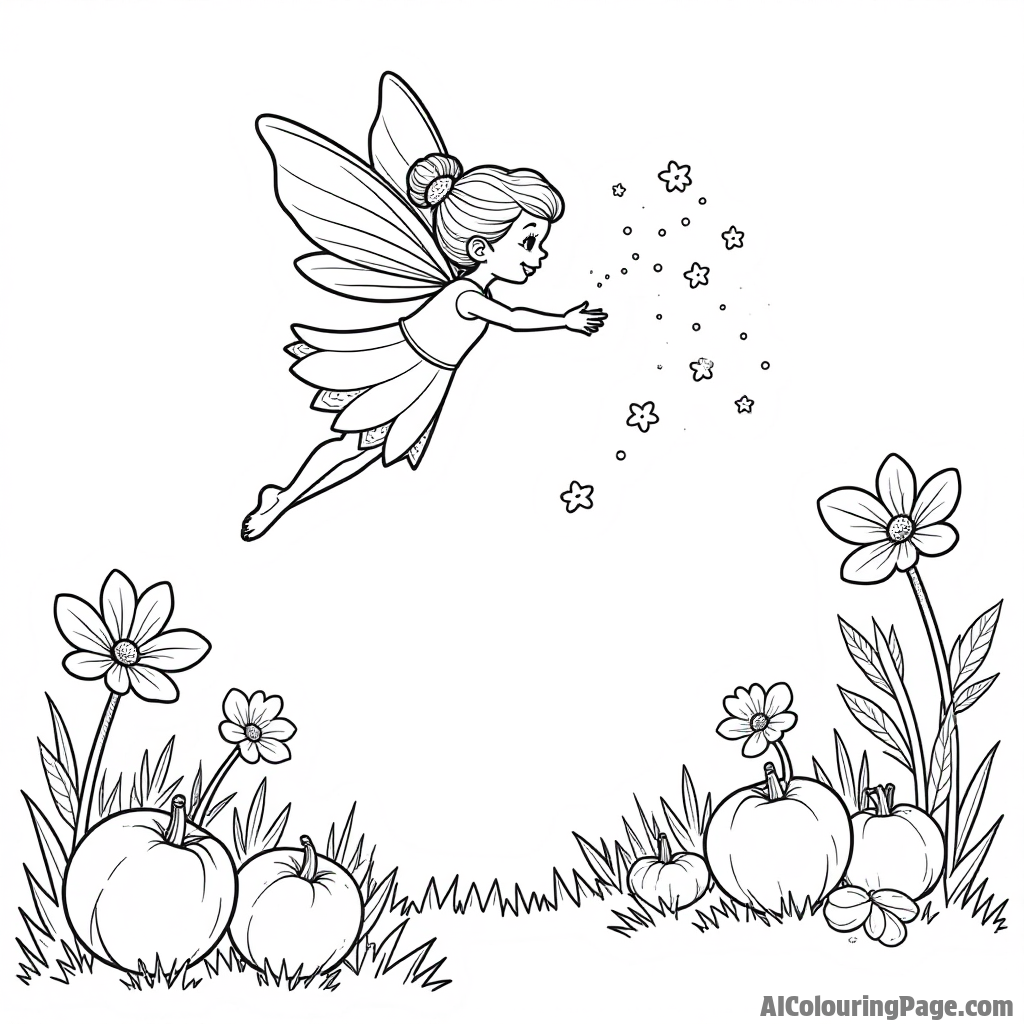 A magical carrot fairy flying over a garden, sprinkling fairy dust on blooming flowers and vegetables with a gentle smile.