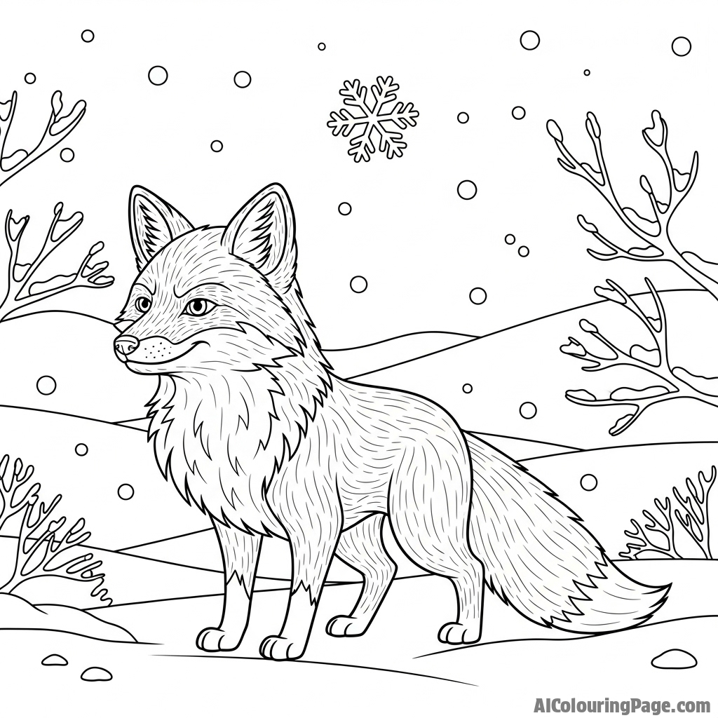 A fox with a cunning expression, its fur detailed, captured in a wintery landscape