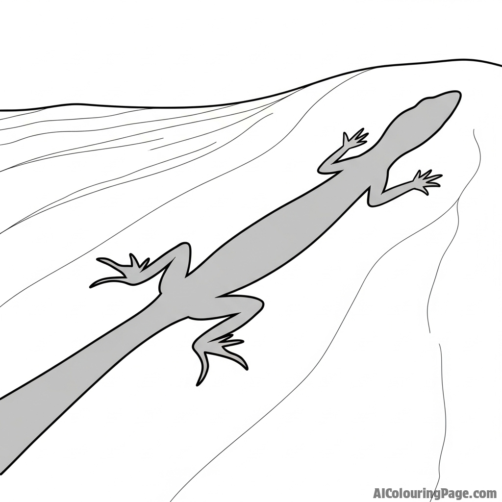 A lizard's shadow cast long and distorted on a sandy dune.