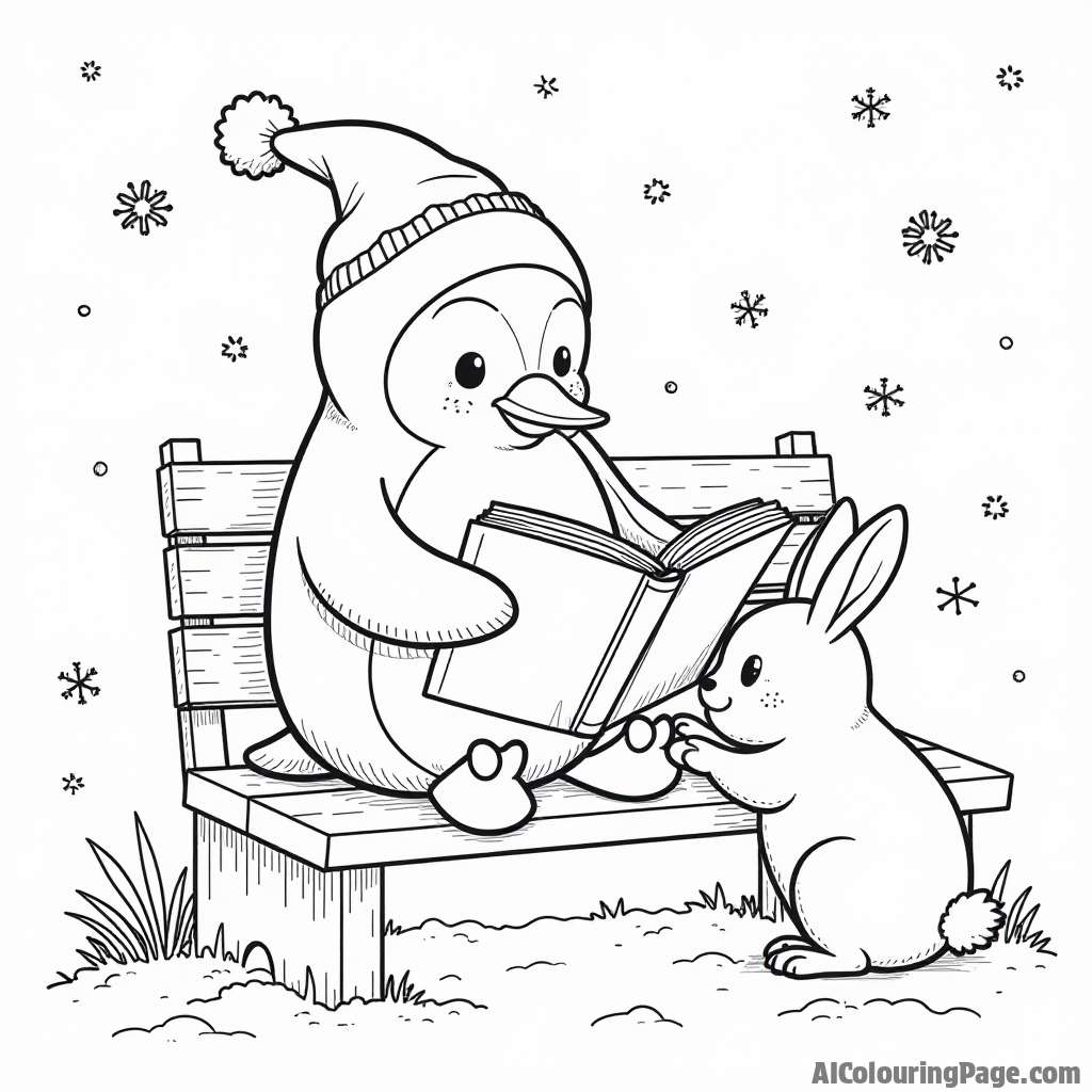 A penguin reading a book on a snowy bench surrounded by playful snowflakes and a curious rabbit peeking.