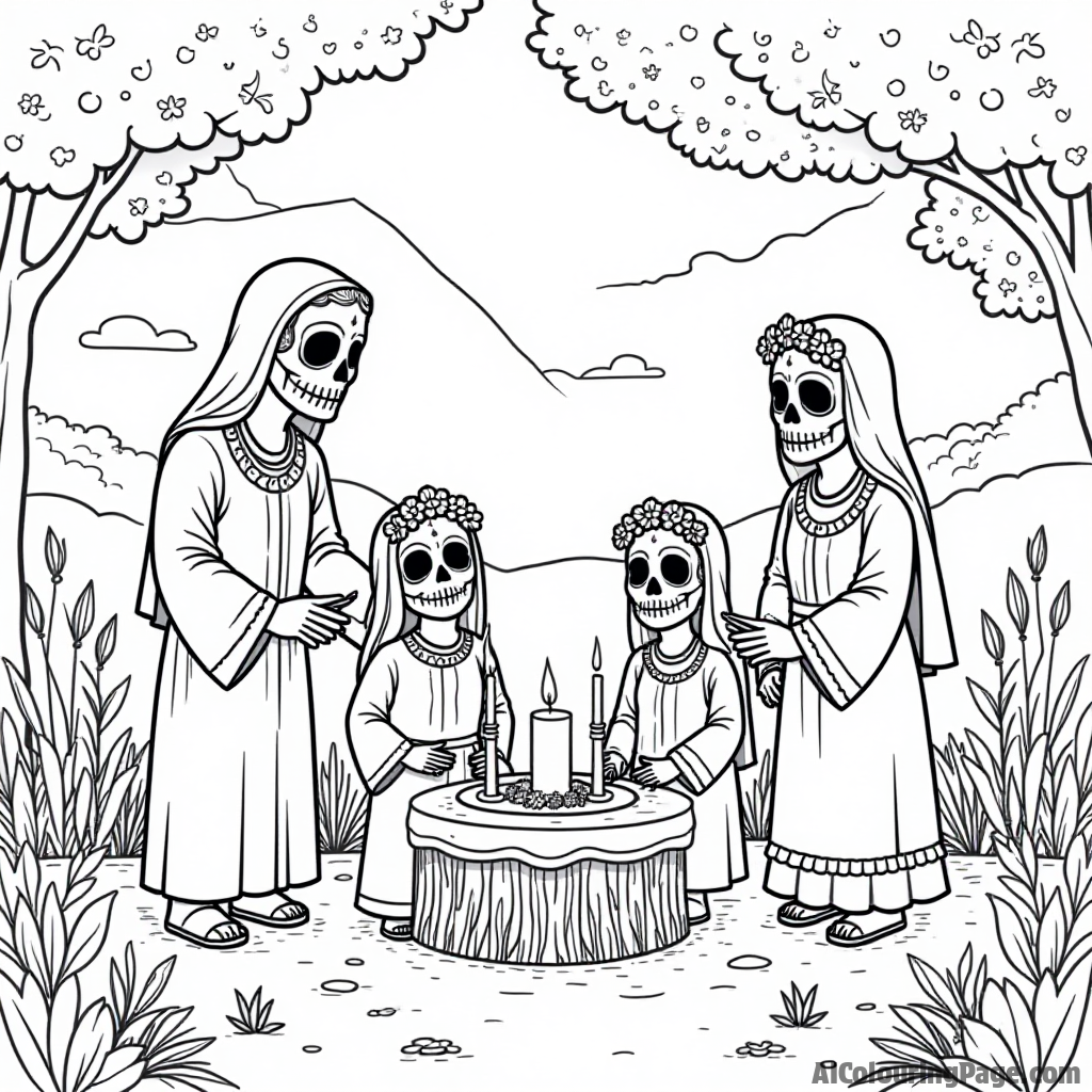 A village scene celebrating Day of the Dead, featuring families gathered around an altar with candles and flowers, creating a warm atmosphere for kids to color and learn.