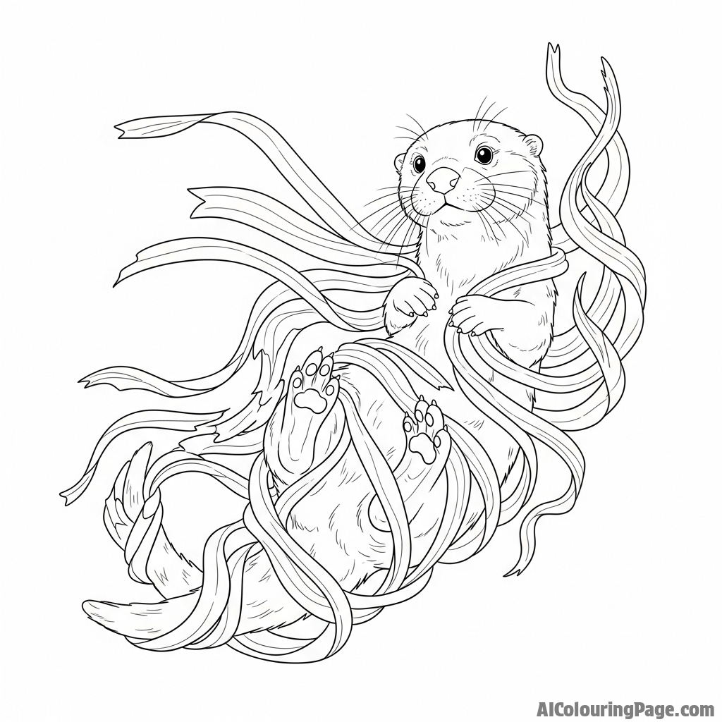 A playful otter tangled in long strands of sea plants.