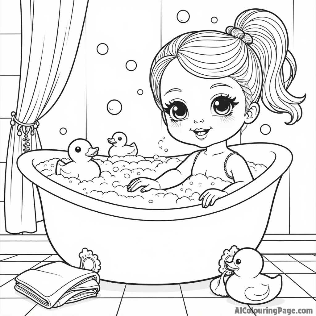 A doll playing in a bubble bath with rubber duckies, surrounded by fluffy towels and a shower curtain with cute designs.