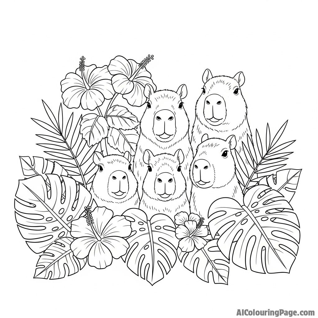 A group of capybaras peeking out from behind giant tropical foliage.