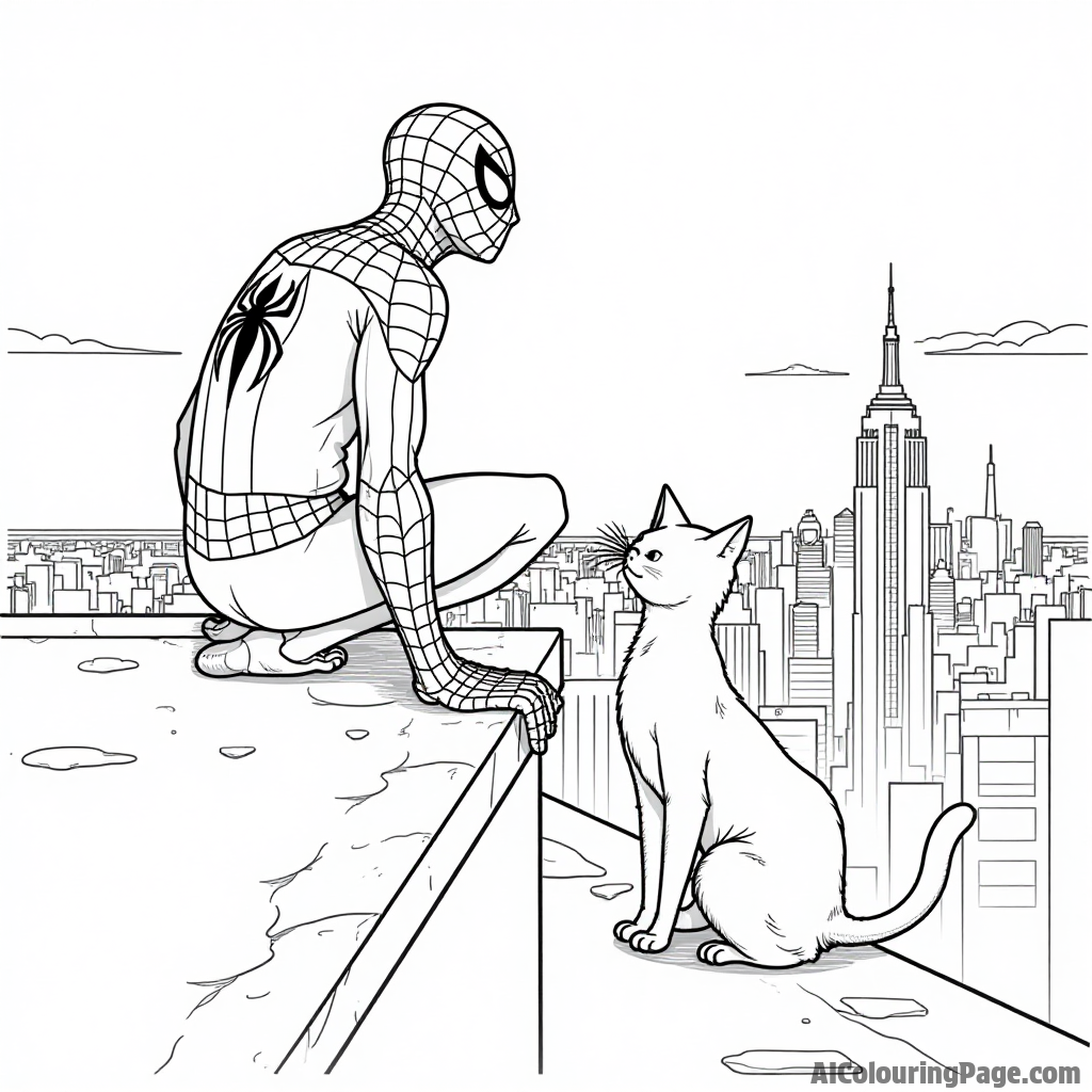 Spiderman perched on a rooftop, city skyline at sunset, a curious cat watching him with wide eyes nearby