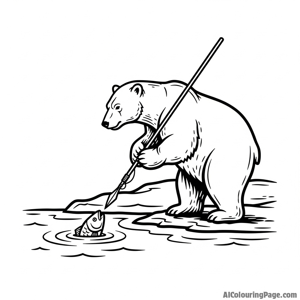 A woodblock print style image of a polar bear fishing by the water's edge.