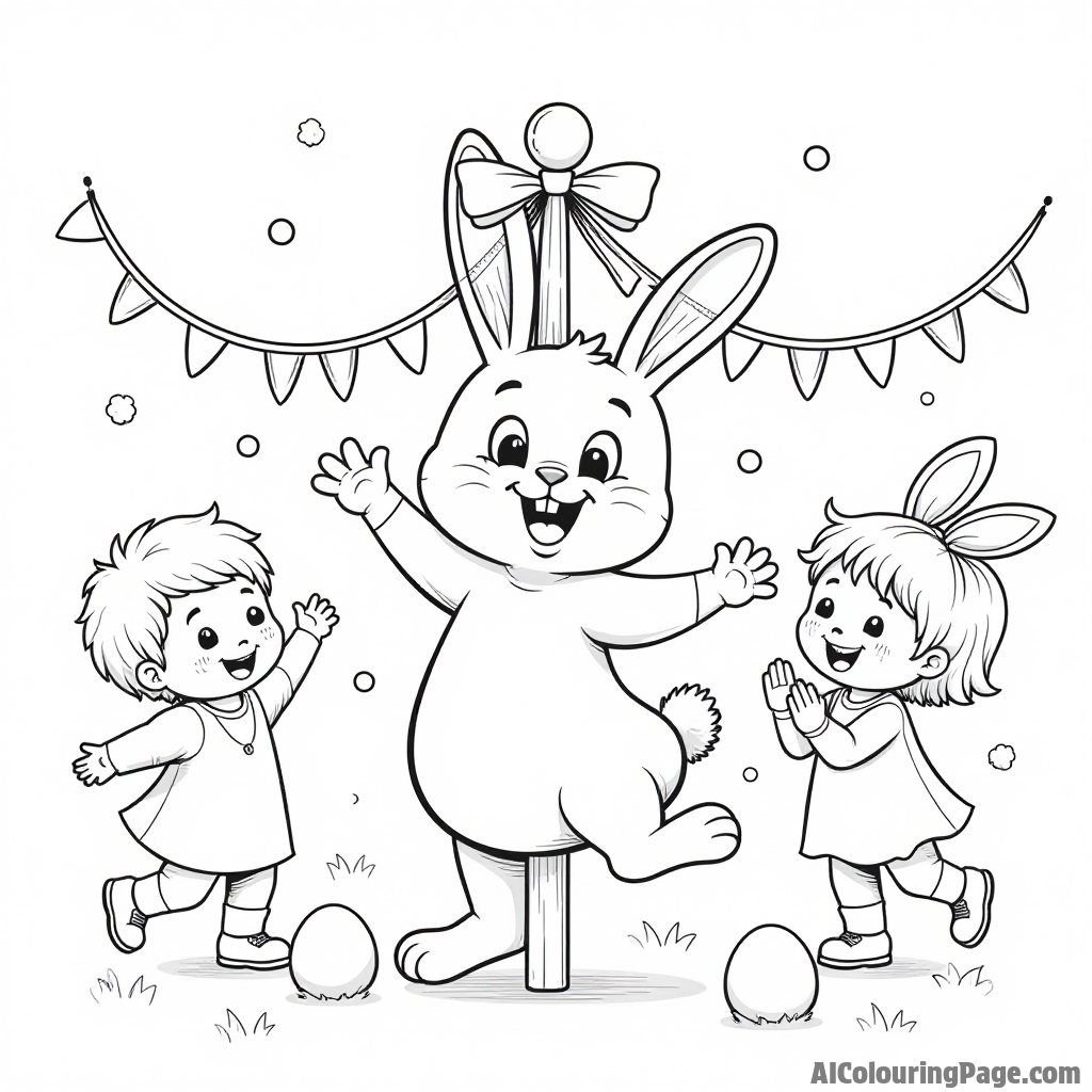 A cheerful Easter bunny dancing around a maypole decorated with ribbons and colorful eggs, surrounded by joyful children.