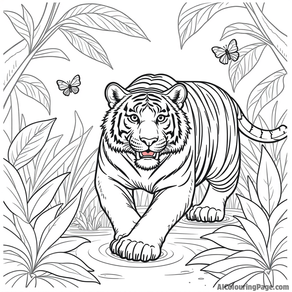 An adventurous tiger prowling through thick jungle foliage, with butterflies fluttering around, designed as an exciting and engaging coloring page for children exploring the wild safari theme.