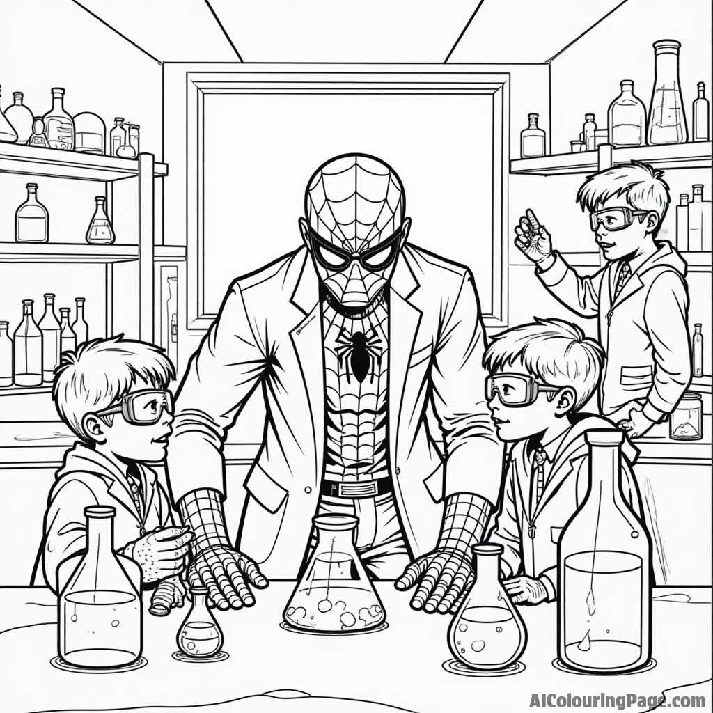 Spiderman exploring a science lab with kids, colorful beakers and experiments around, everyone wearing safety goggles